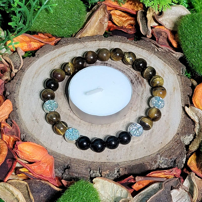 Bracelet - 8mm beads Large Size - Obsidian & Tigers Eye with Aztec Spacers