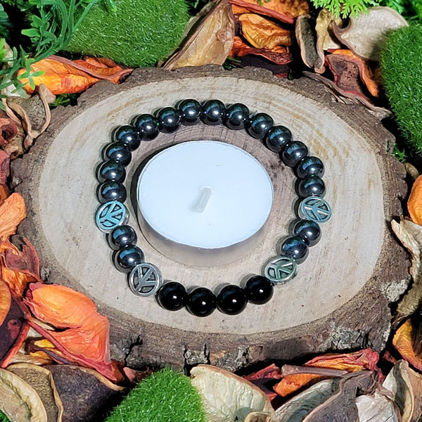 Bracelet - 8mm beads Large Size - Obsidian & Hematite with Peace Sign Spacers