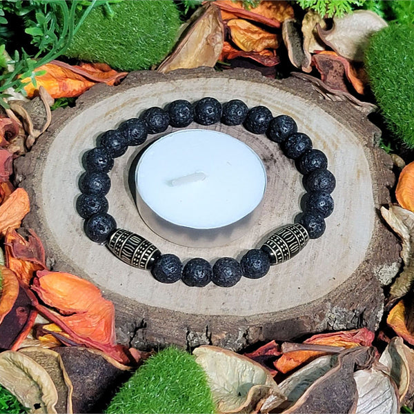 Bracelet - 8mm beads Large Size - Lava Rock with Artifact Spacers