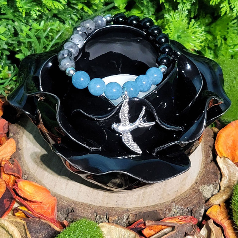 Bracelet - 8mm Beads - Blue Labradorite, Aquamarine, Black Obsidian w/Swallow Charm