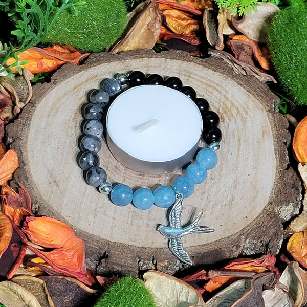 Bracelet - 8mm Beads - Blue Labradorite, Aquamarine, Black Obsidian w/Swallow Charm