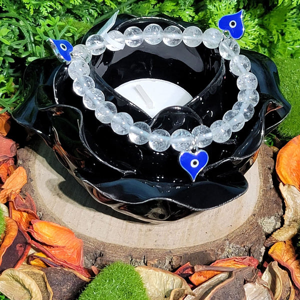 Bracelet - Evil Eye Heart charms with Quartz Beads