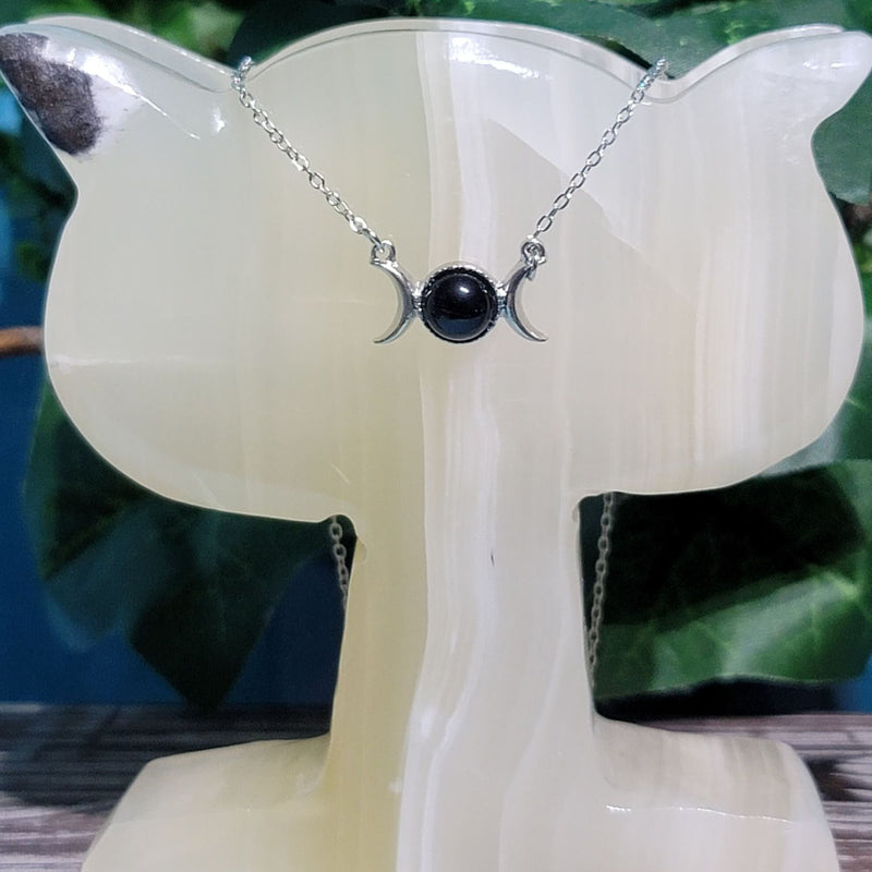 Necklace - Moon Phases with Black Obsidian Center - 8.5" Long