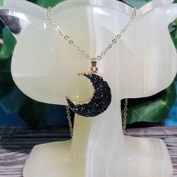 Black Quartz Druzy Moon Necklace