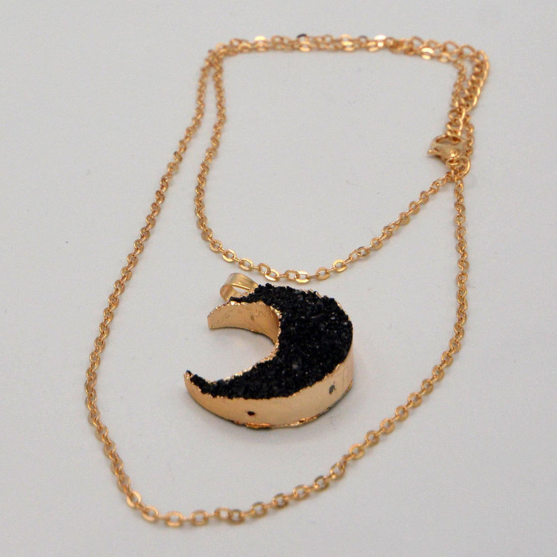 Black Quartz Druzy Moon Necklace-Jewellery-Kheops-The Bat Witch Cavern