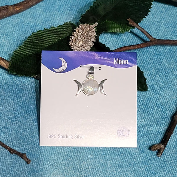 Sterling Silver Pendant - Triple Moon with Rainbow Moonstone 0.5"