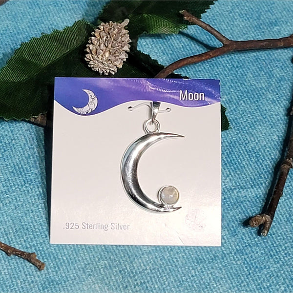 Sterling Silver Pendant - Moon with Rainbow Moonstone 1"
