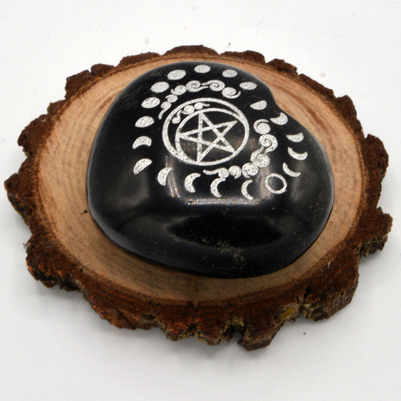 Puffed Heart - Tourmaline - Etched Pentacle and Moon Phases - 3"-Crystal/Stones-Kheops-The Bat Witch Cavern