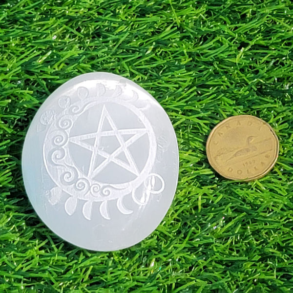 Palm Stone - Selenite with etched Pentacle and Moon Phases (Medium)