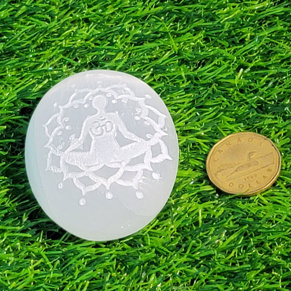Palm Stone - Selenite with etched Meditation (Medium)