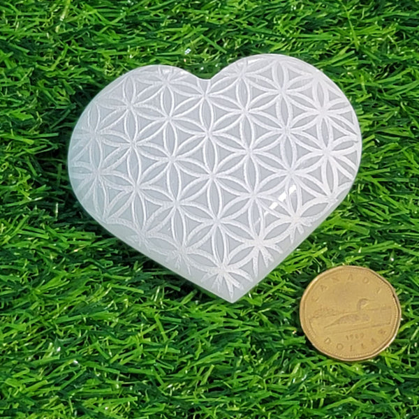 Puffy Heart - Selenite with etched Flower of Life