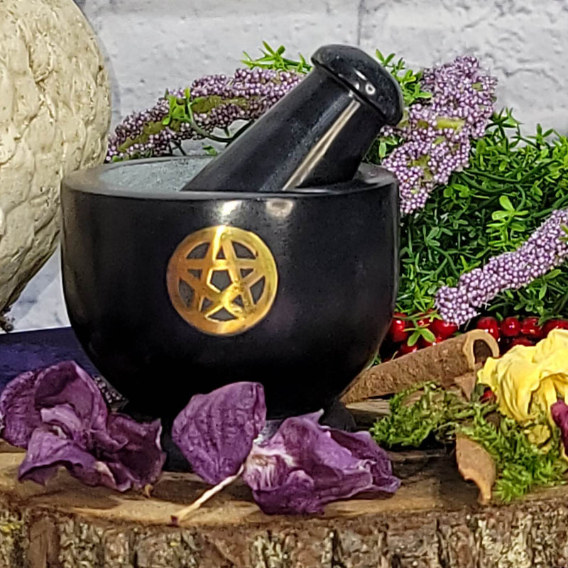 Mortar & Pestle - Black Soapstone 3" with Pentacle