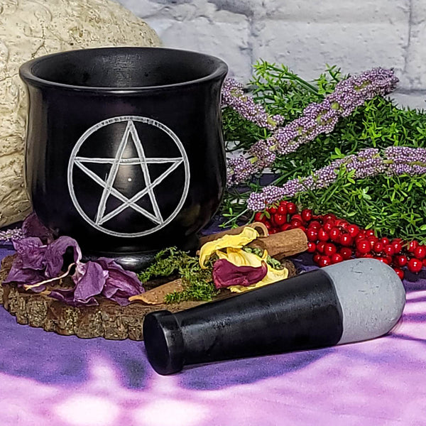 Mortar & Pestle - Black Soapstone 4" with Pentacle
