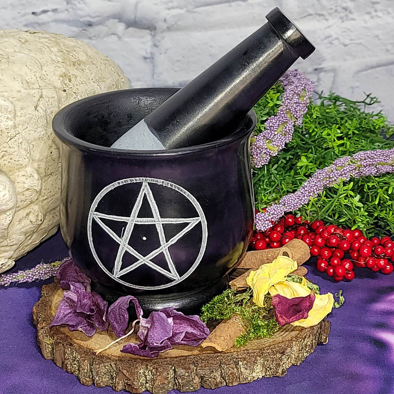 Mortar & Pestle - Black Soapstone 4" with Pentacle