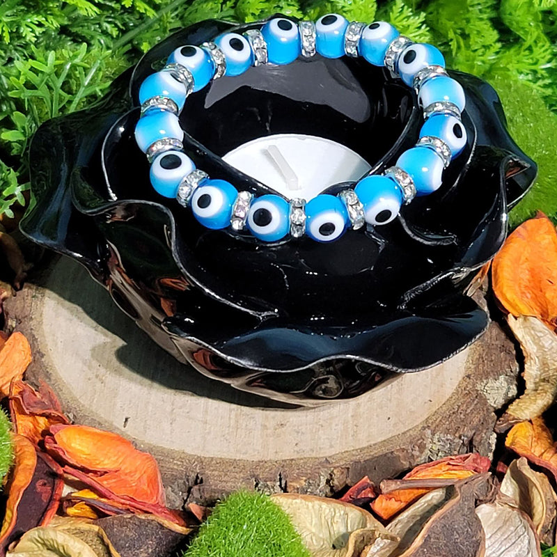 Bracelet - Evil Eye Aqua Beads w/Antique Silver-Toned Beads
