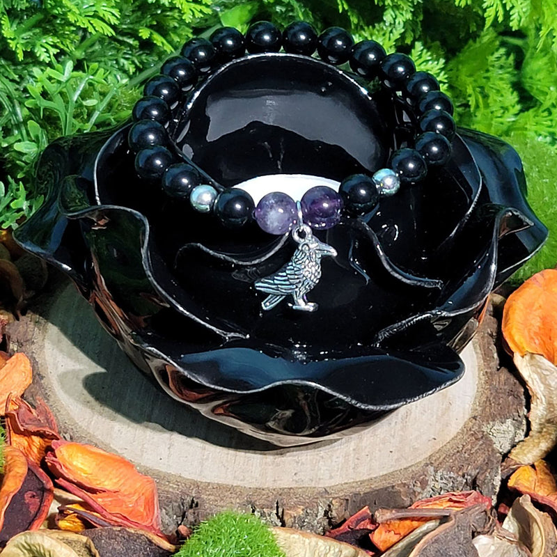 Bracelet - Quartz Violet &amp; Obsidienne Noire avec Breloque Corbeau