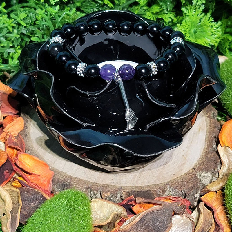 Bracelet - Quartz Violet &amp; Obsidienne Noire avec Breloque Balai