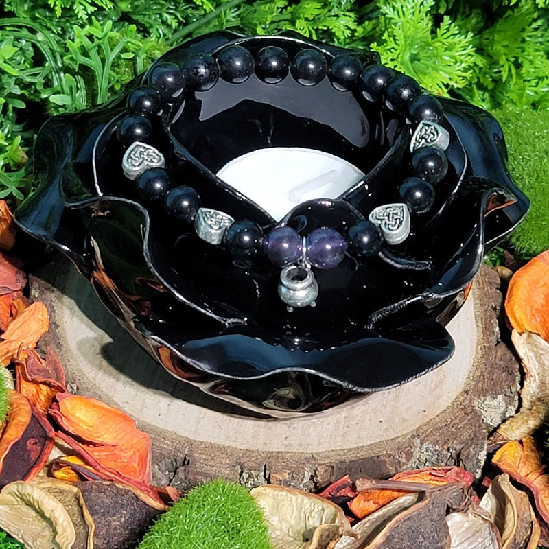 Bracelet - Purple Quartz & Black Obsidian with Cauldron Charm