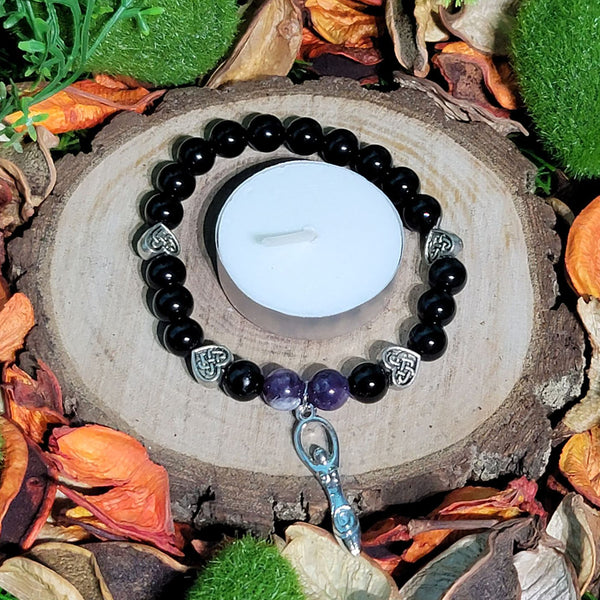 Bracelet - Purple Quartz & Black Obsidian with Goddess Charm