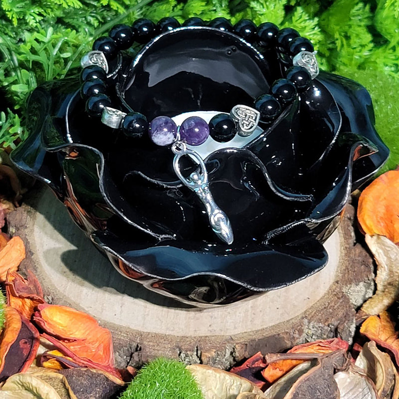 Bracelet - Quartz Violet &amp; Obsidienne Noire avec Charme Déesse