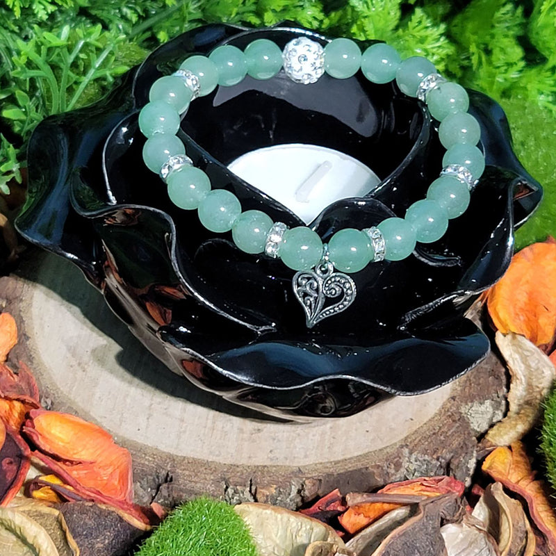 Bracelet - Green Aventurine with Embossed Heart Charm and Spacers