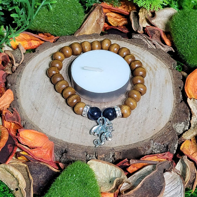 Bracelet - 8mm Beads - Wooden Beads with Dragon Charm