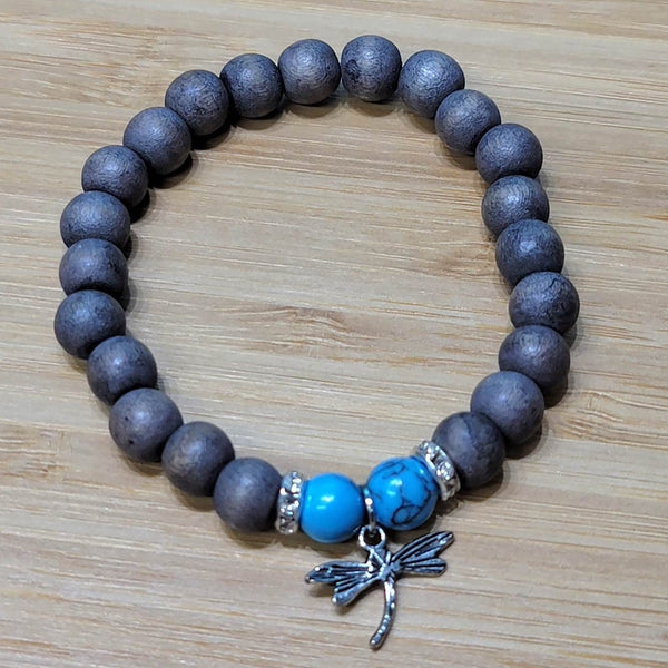 Bracelet - 8mm Beads - Wooden Beads with Dragonfly Charm