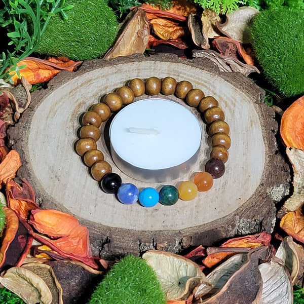 Bracelet - 8mm Beads - Wooden Beads with 7 Chakra Stones