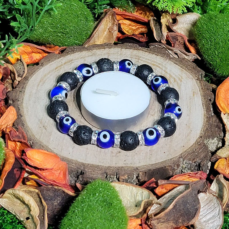 Bracelet - Evil Eye Cobalt & Lava Beads w/Antique Silver-Toned Beads