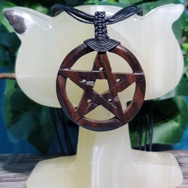 Necklace - 2" Wood Pentacle with Black Cord