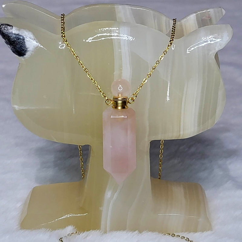 Collier - Flacon de parfum / aromathérapie en cristal de quartz rose