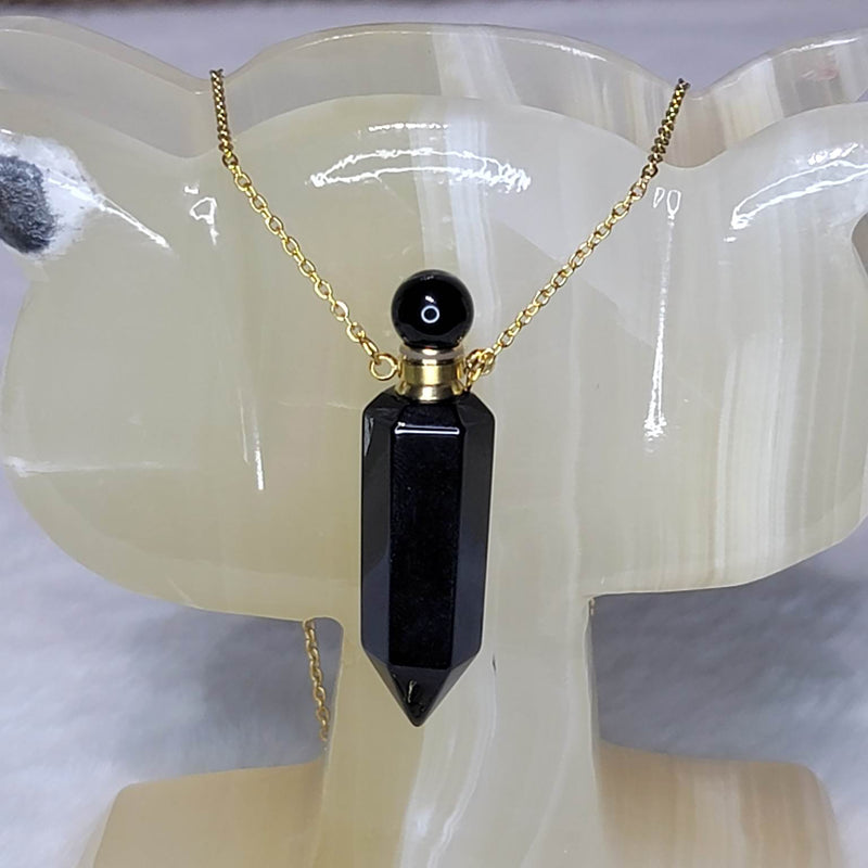 Collier - Flacon de parfum / aromathérapie en cristal d'obsidienne noire