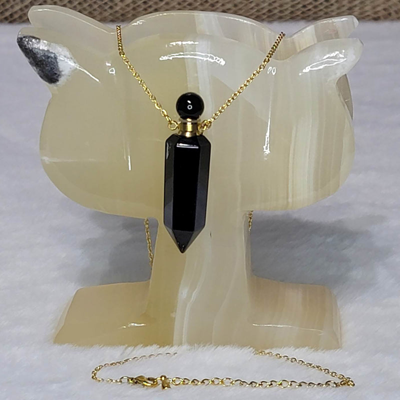 Collier - Flacon de parfum / aromathérapie en cristal d'obsidienne noire