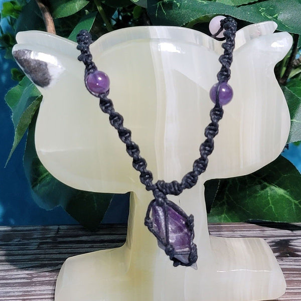 Necklace - Hippie Beads with Rough Amethyst Point (Adjustable)