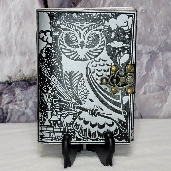 Leather Journal -  Black/Silver Owl w/Latch - 5" x 7"