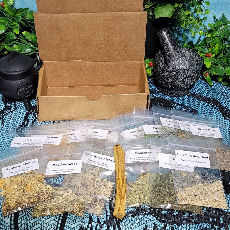 Dried Herbary Sampler Kit for Spells - 20 Sample Bags & a Palo Santo Stick