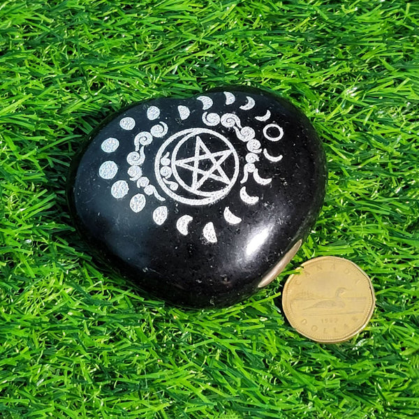 Puffed Heart - Tourmaline - Etched Pentacle and Moon Phases - 3"